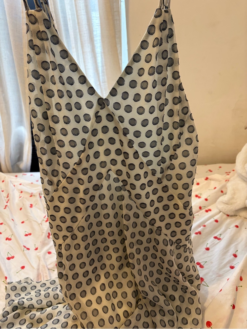 Reiss Cream Slip Midi Dress with Black Polka Dots